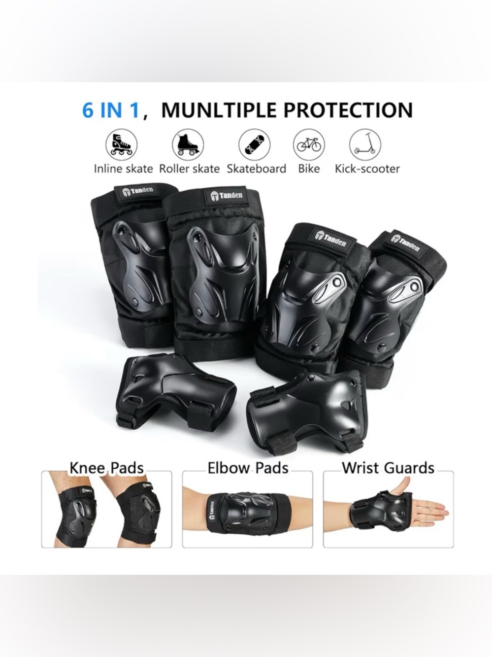 6-Piece Black Protective Gear Set - Knees Elbows Wrists